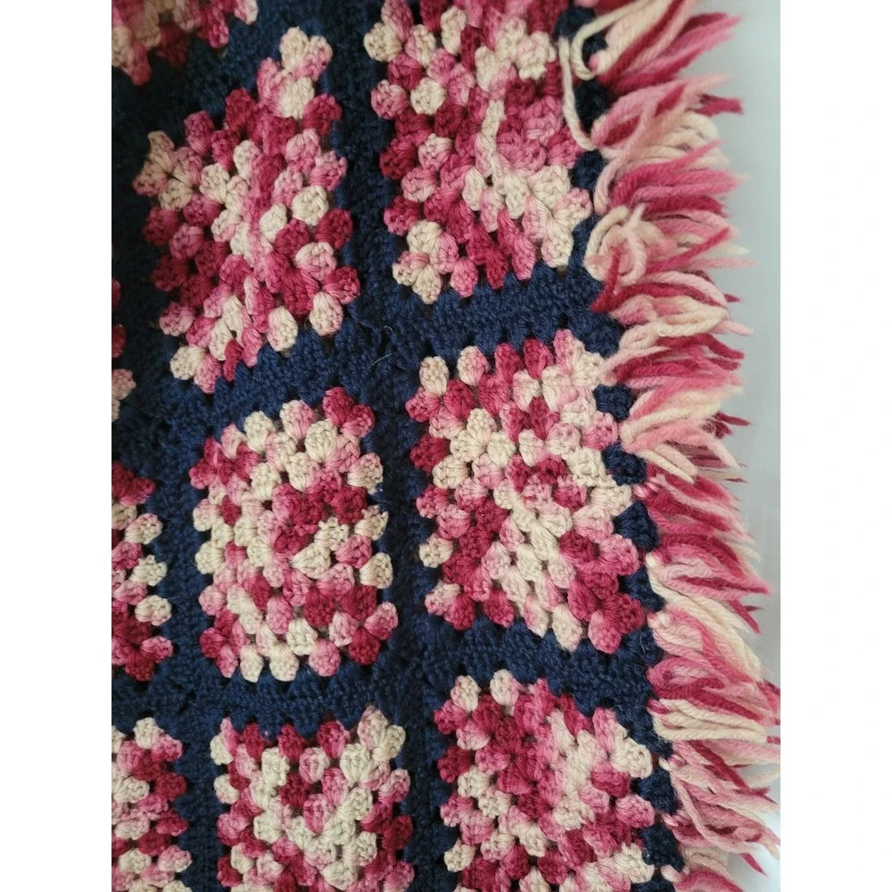 Vintage Handmade Granny Square Crocheted Afghan Throw Blanket Fringe Pink Blue